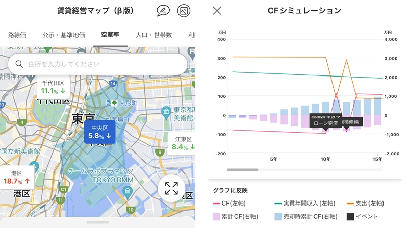 左が「賃貸経営マップ」、右が「キャッシュフローシミュレーション」の利用画面