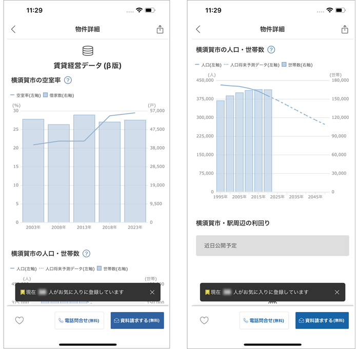 「賃貸経営データ」で表示される「空室率」と「人口・世帯数」のアプリ表示画面